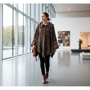 Women's Brown Knit Poncho Sweater 1X/2X Navajo Inspired Geometric Cotton/Acrylic
